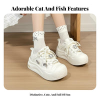 Thick Sole Bread Shoes, Cartoon Whiskered Fish Decor, Women's Sport Sneakers, Cream Lace-Up, Outdoor Autumn Winter Design
