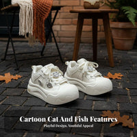 Thick Sole Bread Shoes, Cartoon Whiskered Fish Decor, Women's Sport Sneakers, Cream Lace-Up, Outdoor Autumn Winter Design