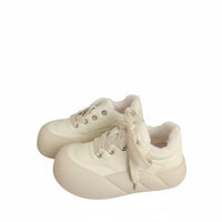 Cream Plush Platform Sneakers, Women's Fleece Lined Shoes, Cute Chunky Winter Trainers, Relaxed Style