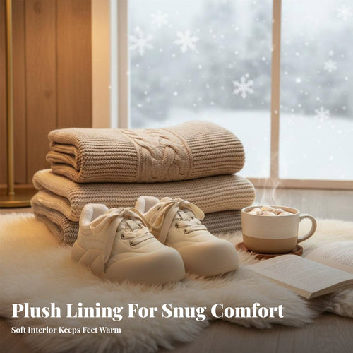 Cream Plush Platform Sneakers, Women's Fleece Lined Shoes, Cute Chunky Winter Trainers, Relaxed Style
