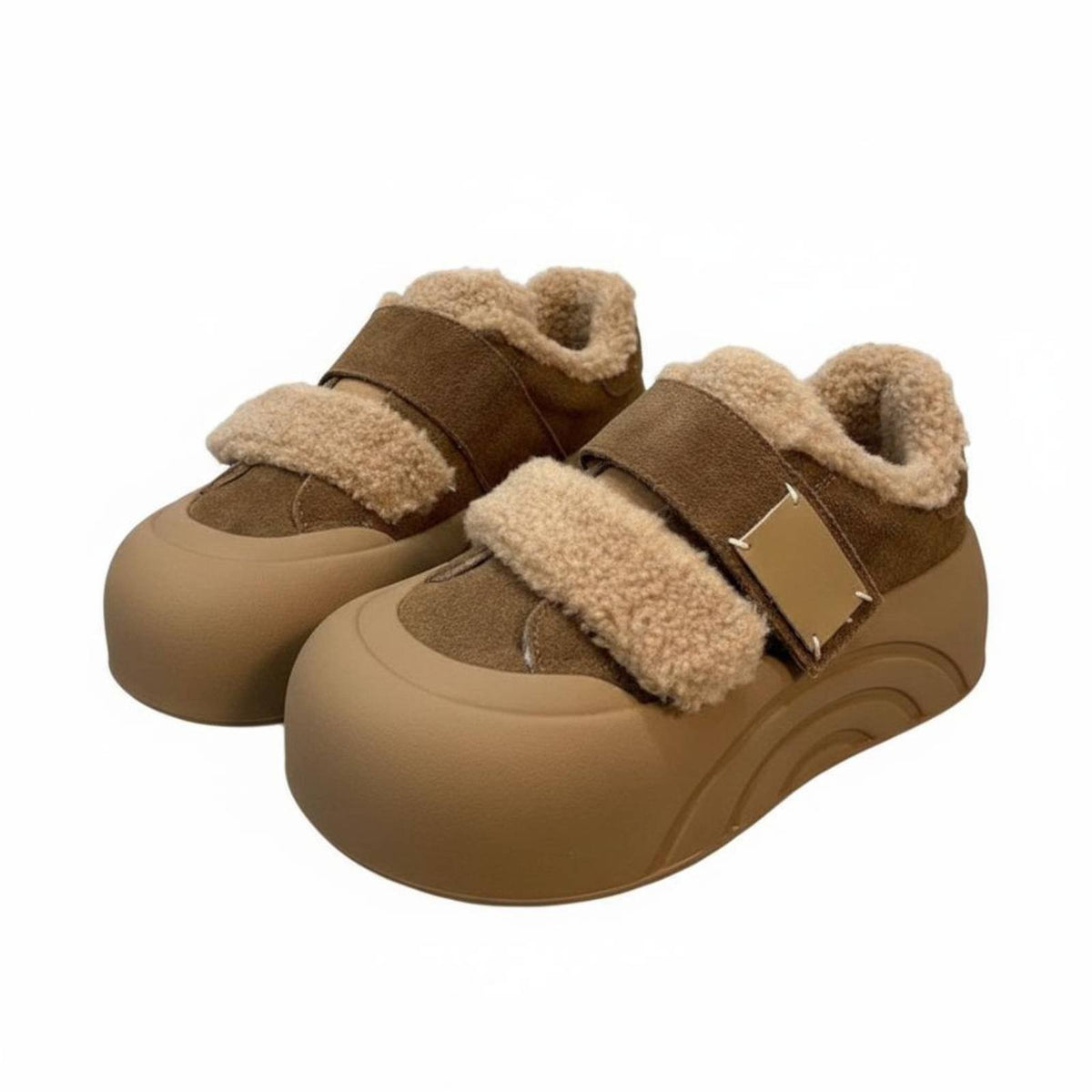 Lamb Fleece Platform Shoes, Hook-and-Loop Closure, Women's Warm Plush Loafers, Multicolor, Winter, Casual Design