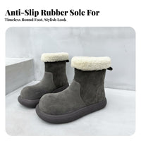 Suede Leather Short Winter Boots, Fleece Lined, Anti-Slip, Cute Round Toe, Women's Footwear