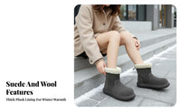 Suede Leather Short Winter Boots, Fleece Lined, Anti-Slip, Cute Round Toe, Women's Footwear