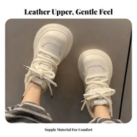 Genuine Leather Cream Doll Shoes, Plush Lined, Thick Sole, Winter, Elevated, Cute Chunky, Relaxed Design
