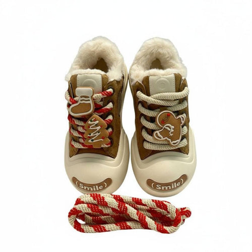 Warm Winter Boots, Fleece-Lined, Thick Sole, Gingerbread Man Cartoon, Unisex