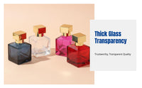 Square Glass Perfume Bottle, Press Spray, Refillable, Customizable Insignia